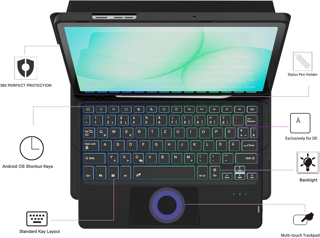 für 11 Zoll Samsung Galaxy Tab A9+ /A11+ Hülle mit QWERTZ Tastatur - Regenbogen-Hintergrundbeleuchtu