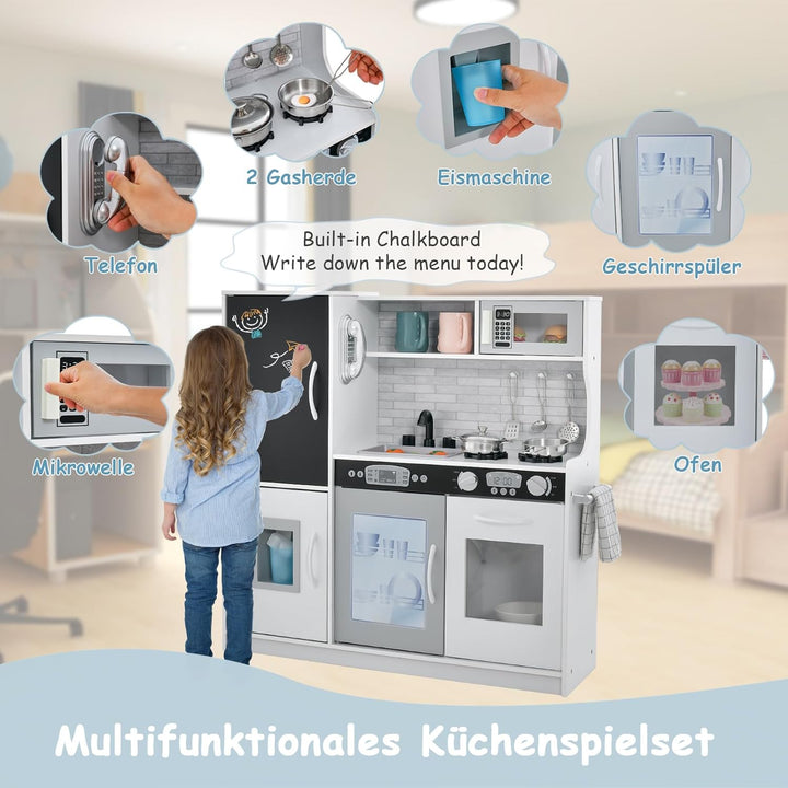 GOPLUS Kinderküche aus Holz, Kinderspielküche mit Mikrowellen, Backofen, Wasserbecken, Kreidetafel &