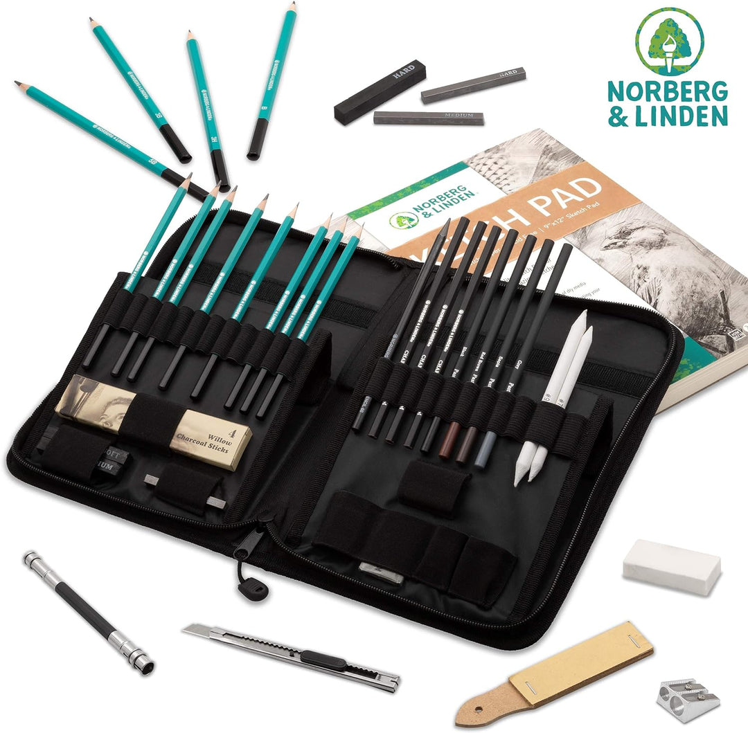 XXL Zeichenset – Skizzierstifte Set & Zeichenkohle Set – Zeichenblock zum Zeichnen & Skizzieren, 100