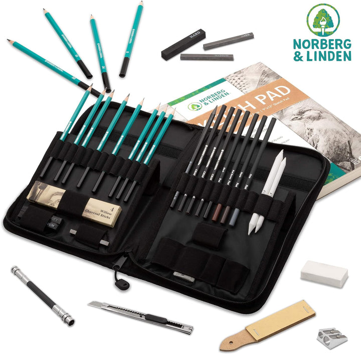 XXL Zeichenset – Skizzierstifte Set & Zeichenkohle Set – Zeichenblock zum Zeichnen & Skizzieren, 100