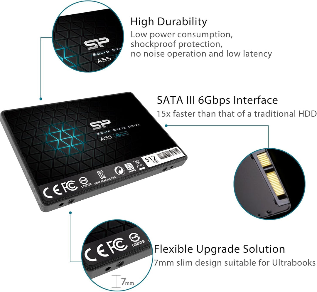 Silicon Power SSD 512GB 3D NAND A55 SLC Cache Performance Boost 2,5 Zoll SATA III 7mm (0,28") Intern