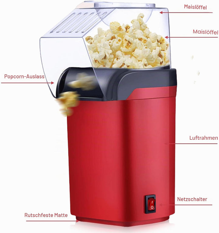 1200w Popcornmaschine, Mini Heissluft Popcorn Maker Gesund Ohne Öl Fett 2 Minuten One-Touch-Bedienun