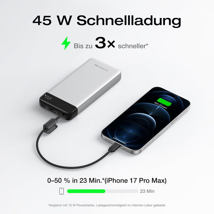 EcoFlow Rapid Powerbank 20000mAh, 45W PPS Schnellladen, mit integriertem ausziehbarem USB-C Kabel fü