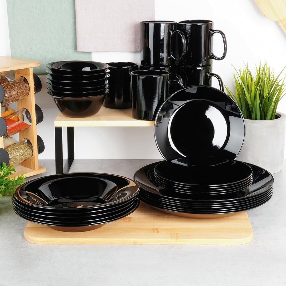Vilde Tiefe Essteller aus Glas Schwarz 21.5 cm, 400 ml 6 Stk. | Teller, Suppenteller, Set, Schale, S
