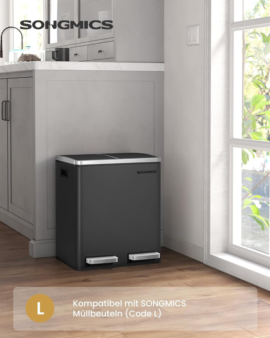 SONGMICS Mülleimer Küche, 2 x 15 L, Mülltrennsystem, Abfalleimer aus Metall, Treteimer mit Inneneime