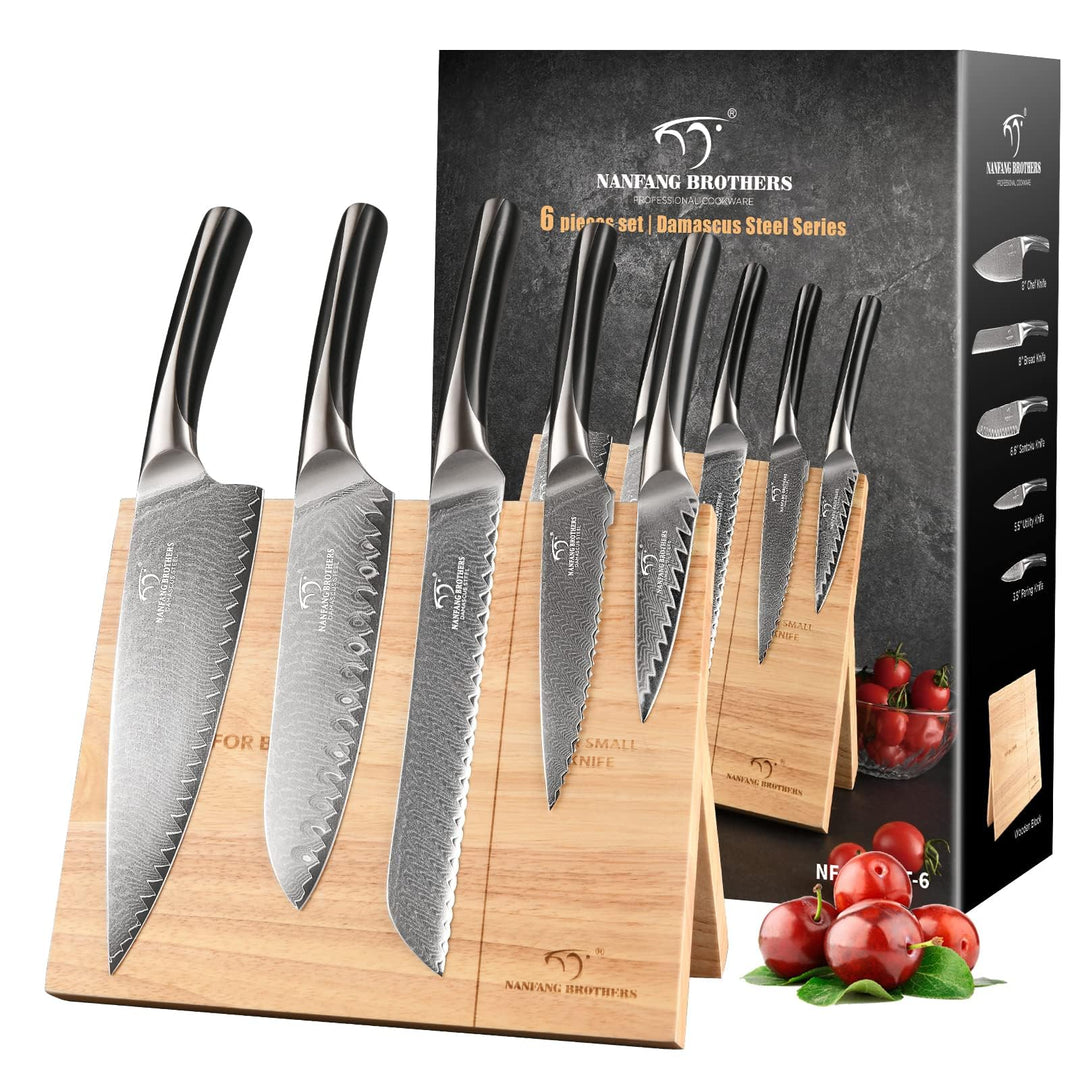 NANFANG BROTHERS Messerset, 6-teilig aus Damaszener Stahl VG10 Küchenmesserset mit magnetischem Holz