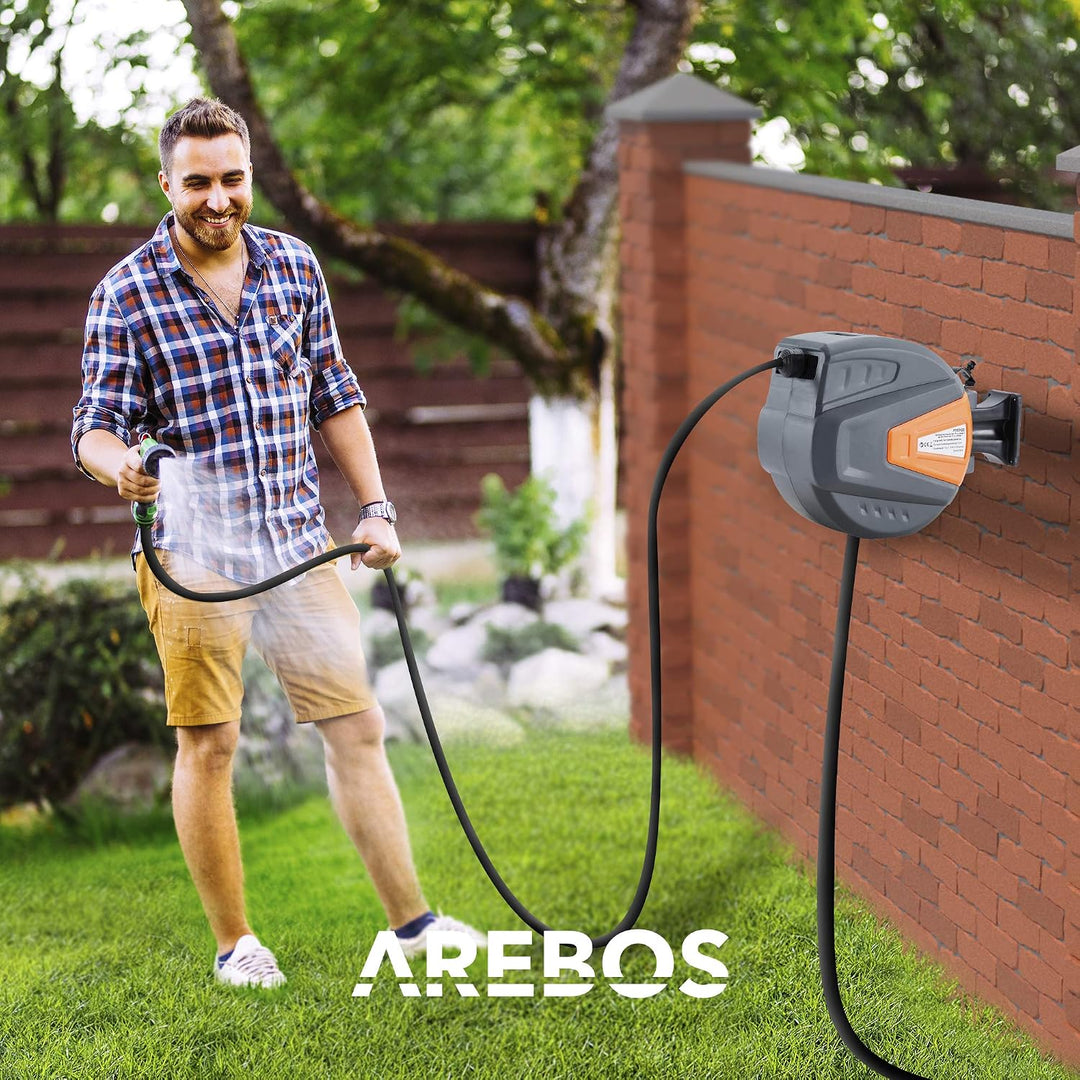 Arebos Schlauchaufroller | 20 m Schlauchtrommel | Wand-Schlauchbox mit Arretierstop &amp; 9 Sprühunktion