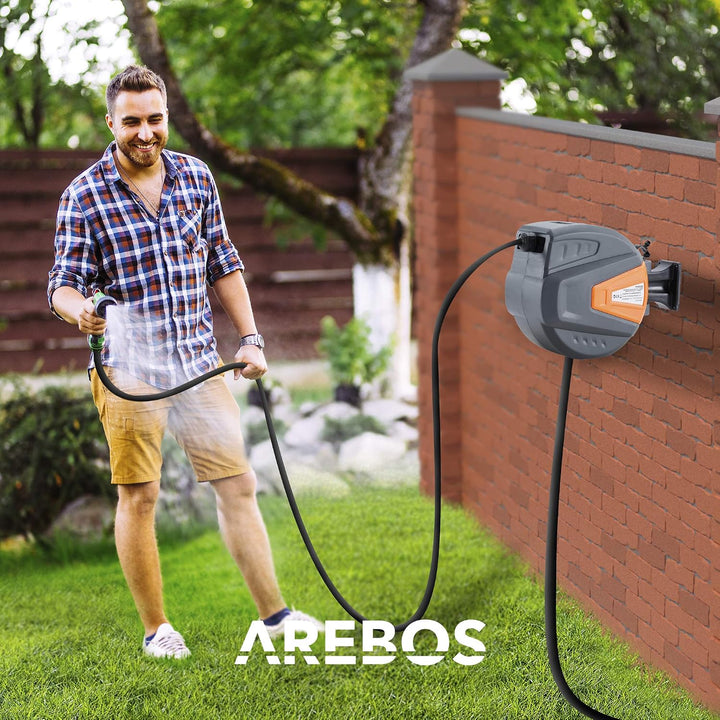 Arebos Schlauchaufroller | 20 m Schlauchtrommel | Wand-Schlauchbox mit Arretierstop &amp; 9 Sprühunktion