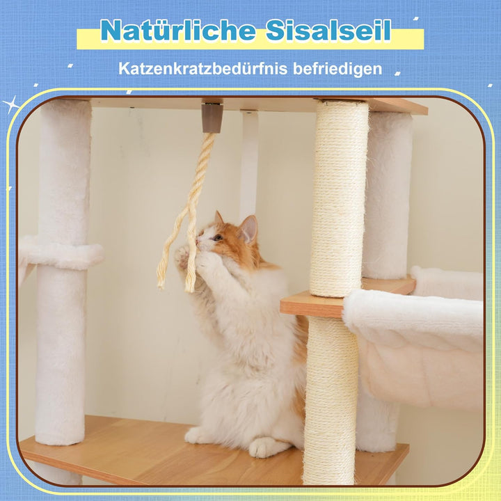 Hey-brother Holz Kratzbaum, 184cm Katzenbaum für Grosskatze, mehrstöckiger Stabil Katzenkratzbaum Mi