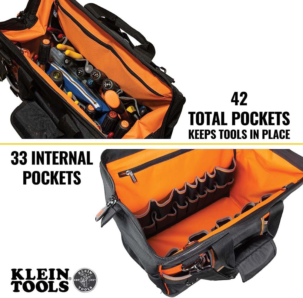 Klein Tools 55469 Tradesman Pro Werkzeugtasche, weit geöffnet, Schwarz/Orange