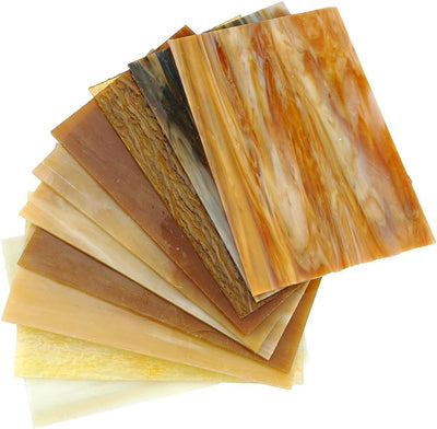 Lanyani Buntglasplatten, 10,2 x 15,2 cm, Tiffany-Glas, gemischte Texturen, 10 Blatt Bernstein, Berns