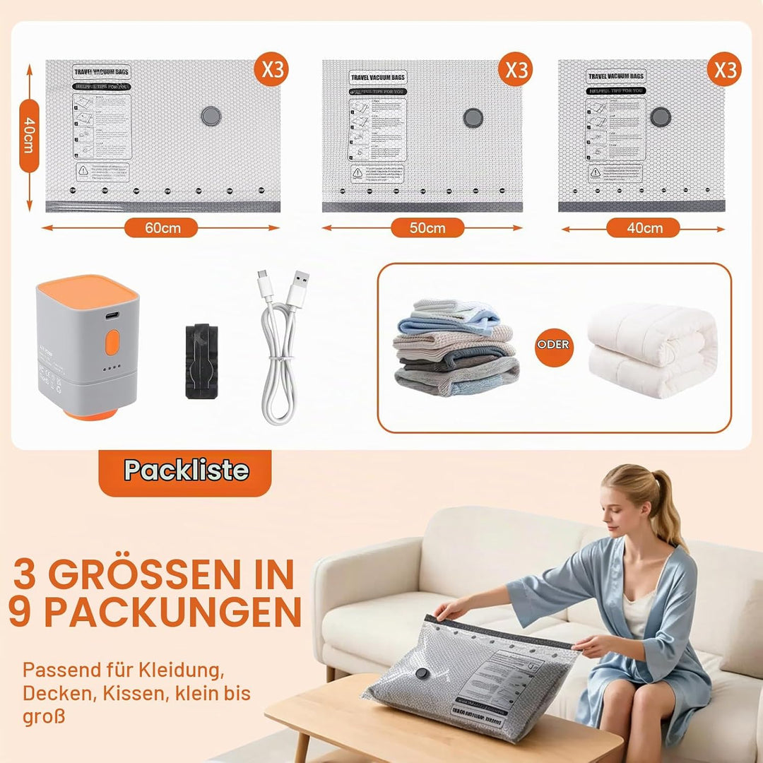 Vakuumbeutel Set mit kabelloser Vakuumpumpe – 9 Stück (3x 40x40cm, 3x 40x50cm, 3x 40x60cm) – Platzsp