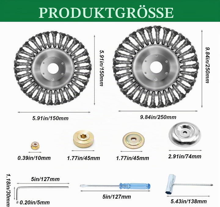 Professional Unkrautbürste Set - 2 Stücke für Rasentrimmer und Motorsense (6 Zoll + 10 Zoll) - Kegel