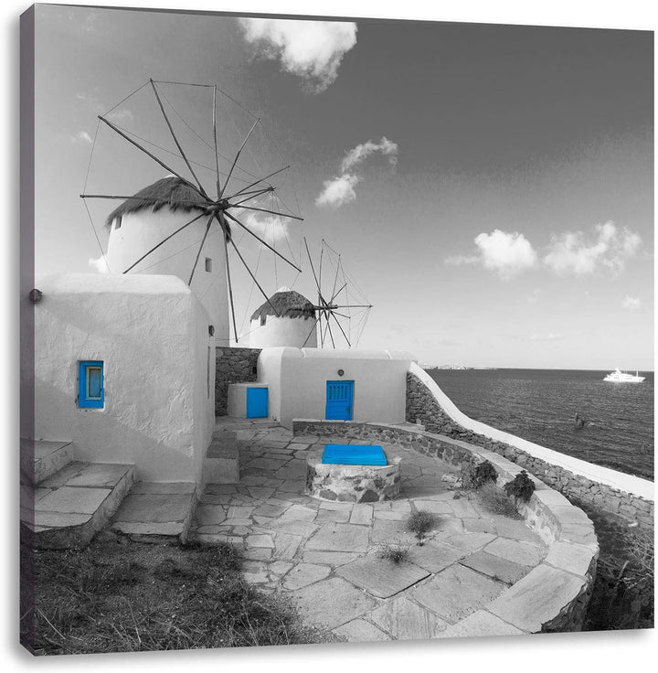 Pixxprint süsse Windmühlen im Mittelmeer schwarz/weiss, Format: 70x70 auf Leinwand, 70x70