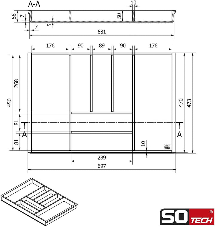 Orga-Box 3 BAMBUS Besteckeinsatz für 80er Schublade (473 x 697 mm) mit 7 Fächer Holz-Schubladeneinsa