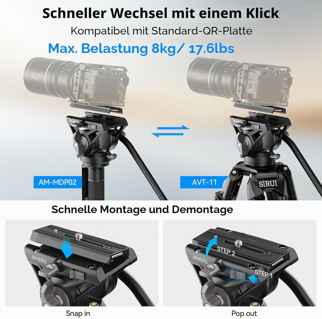 SIRUI AM-MDP02 Video Monopod mit Fluidkopf | 188cm Aluminium Einbeinstativ für DSLR & spiegellose Ka