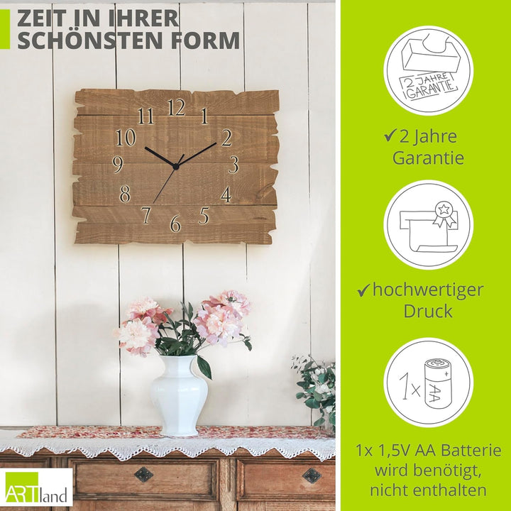ARTLAND Wanduhr ohne Tickgeräusche aus Holz Funk Uhr lautlos 40x30 cm Rechteckig Muster Rustikal Lan