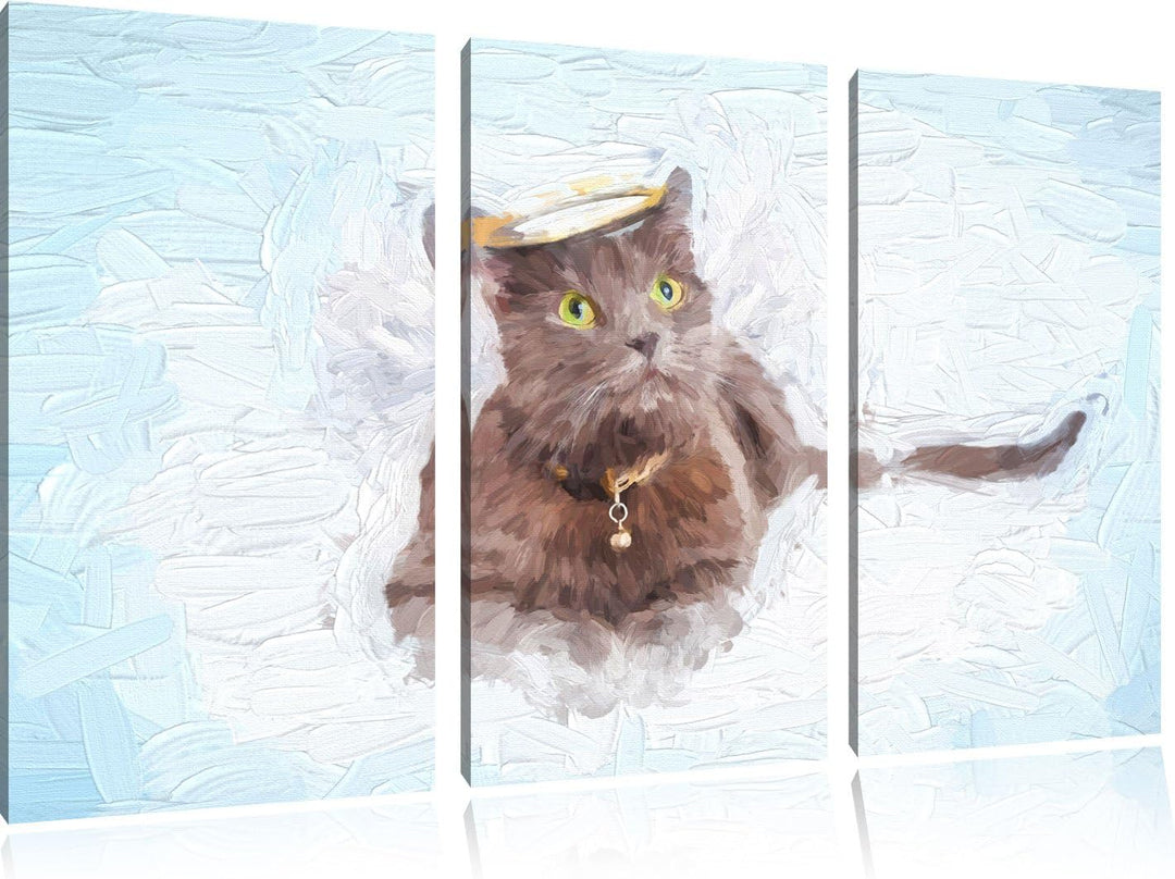 Pixxprint Katzen-Engel im Himmel / 3-Teilig/Gesamtmass 120cm Leinwandbild bespannt auf Holzrahmen/Wa