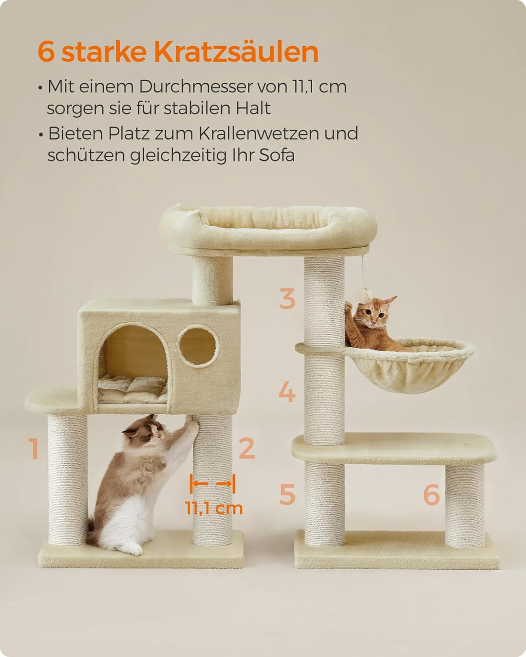 Feandrea Kratzbaum für grosse Katzen, XXL, hochbelastbar, Katzenturm mit 6 extra dicken Kratzsäulen,