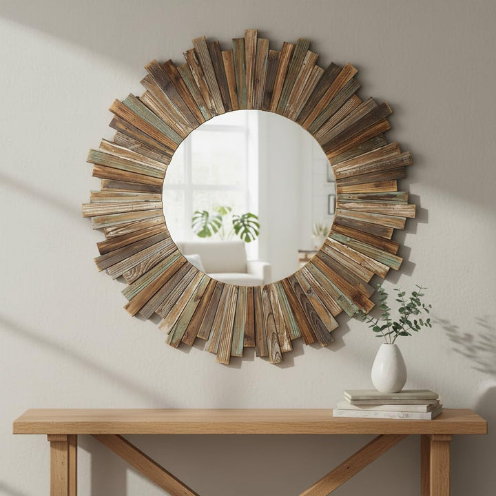 Melko Wandspiegel rund 90 cm Shabby Chic Spiegel Hängespiegel Flurspiegel