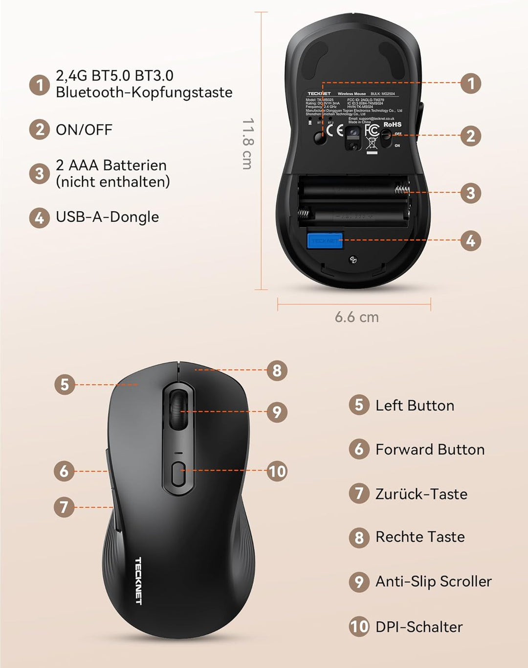 TECKNET Bluetooth Maus, Maus Kabellos (Tri-Modus: BT 5.0/3.0+2.4G) 4800 DPI Leise Mouse, Funkmaus mi