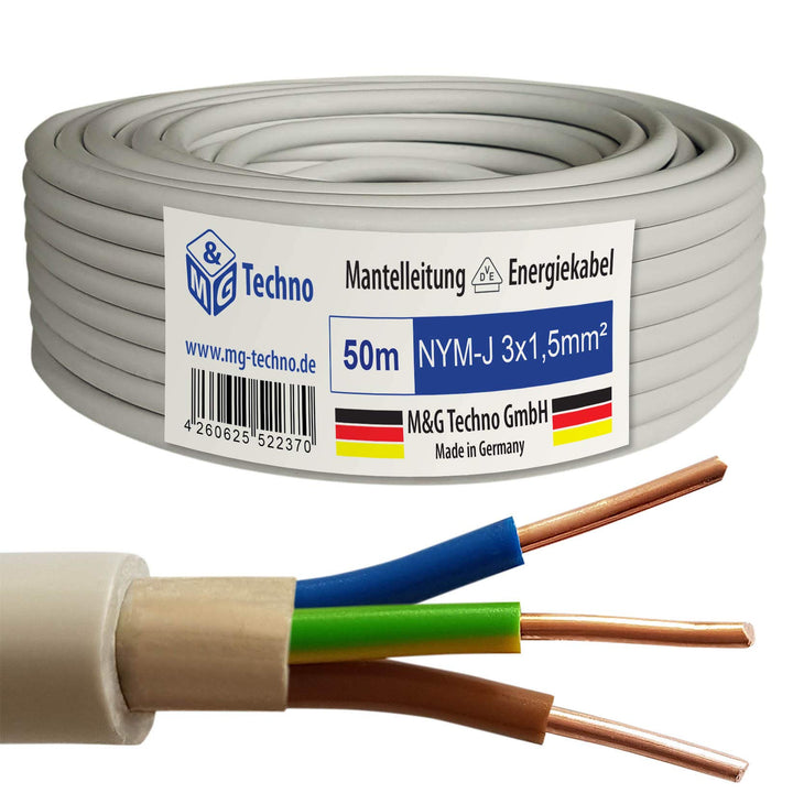 M&G Techno Mantelleitung Elektro Strom Kabel Kupfer eindrähtig, 7343, Grau, NYM-J 3x1,5 mm²-50m 50m