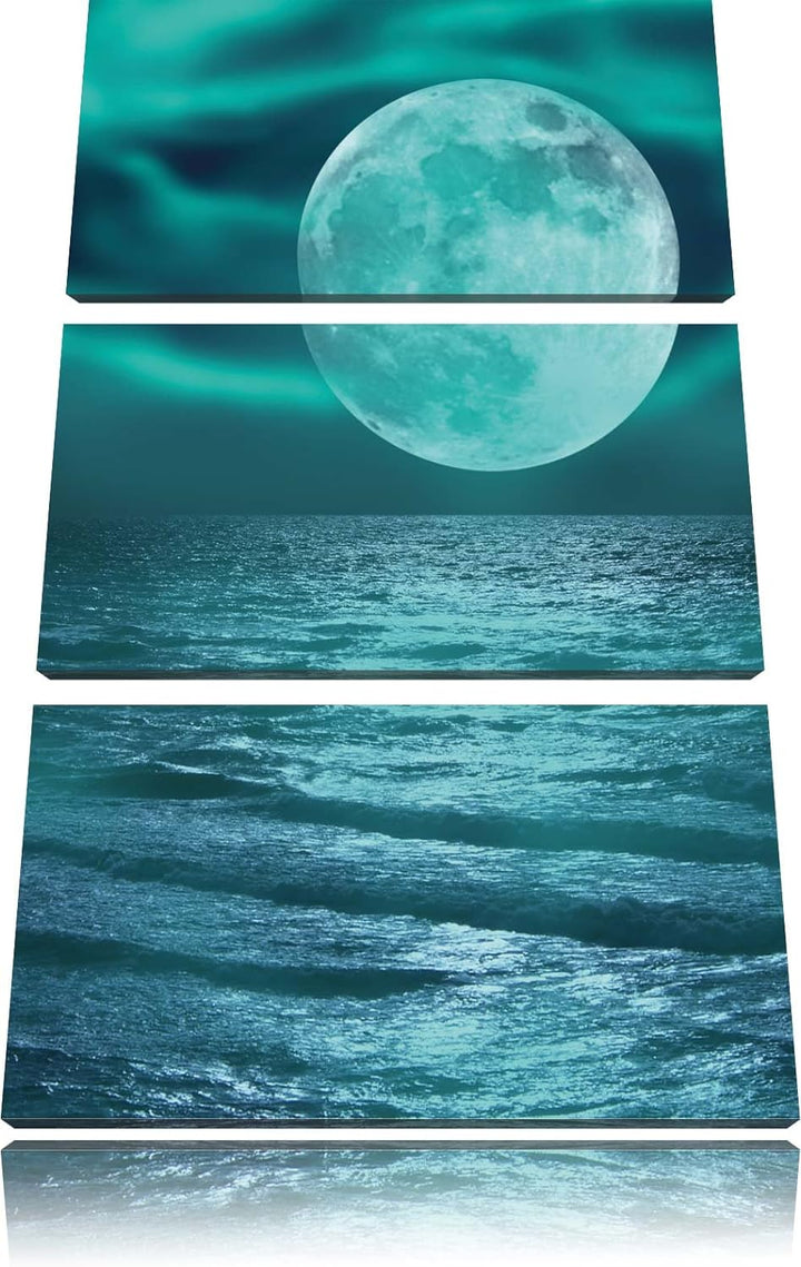 Pixxprint ruhiges Meer mit Vollmond 3-Teiler Leinwandbild 120x80 Bild auf Leinwand