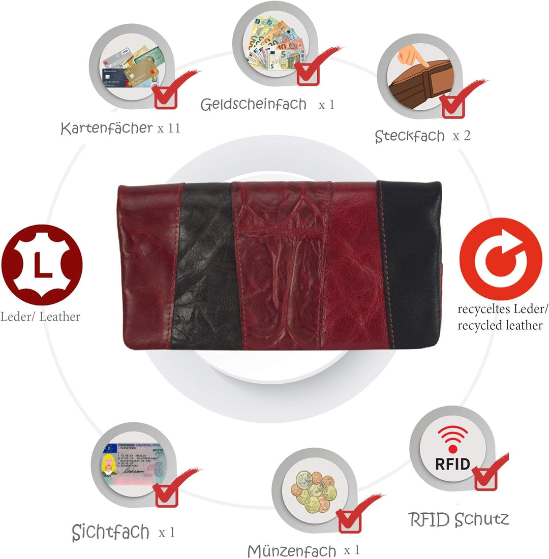 Sunsa Geldbörse. Leder Geldbeutel. Grosser Portemonnaie mit RFID Schutz. Damen Brieftasche mit viele