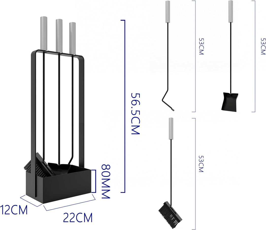 Kingson Kaminbesteck mit Edelstahlgriffen - 3 Werkzeuge - 53cm - schwarz pulverbeschichtet Ständer