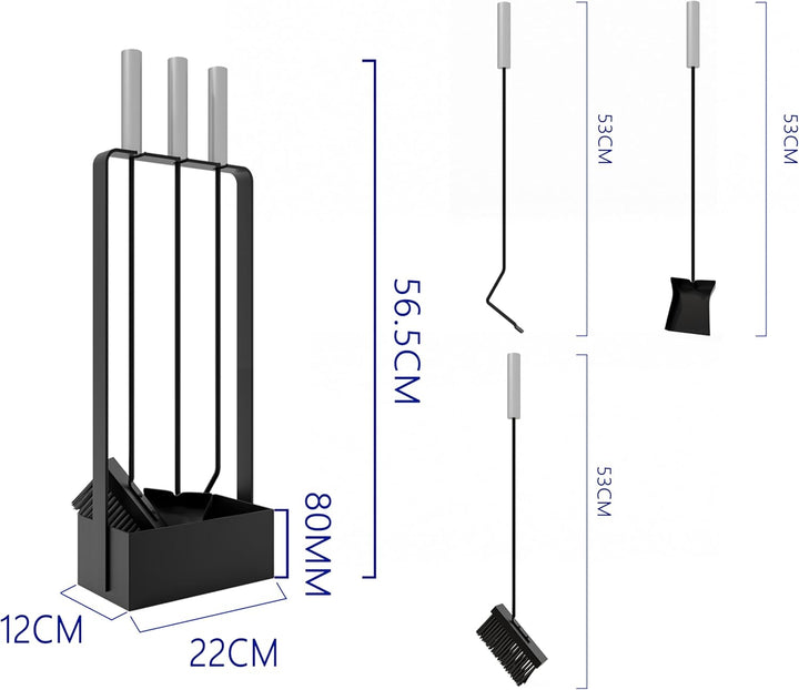 Kingson Kaminbesteck mit Edelstahlgriffen - 3 Werkzeuge - 53cm - schwarz pulverbeschichtet Ständer