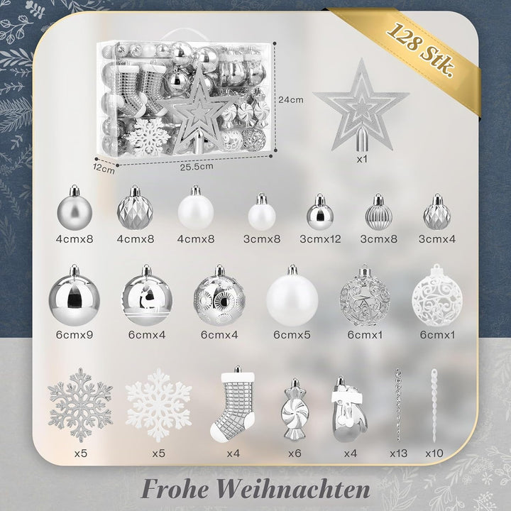 SOLEDI® 128er Set Premium Weihnachtskugeln Kunststoff Silber Weiss mit Baumspitze Stern - Robuste un