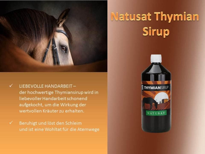 Natusat Thymiansirup 1000 ml - Beruhigt und löst den Schleim, Thymian Hustensaft Pferd mit Kräutern,