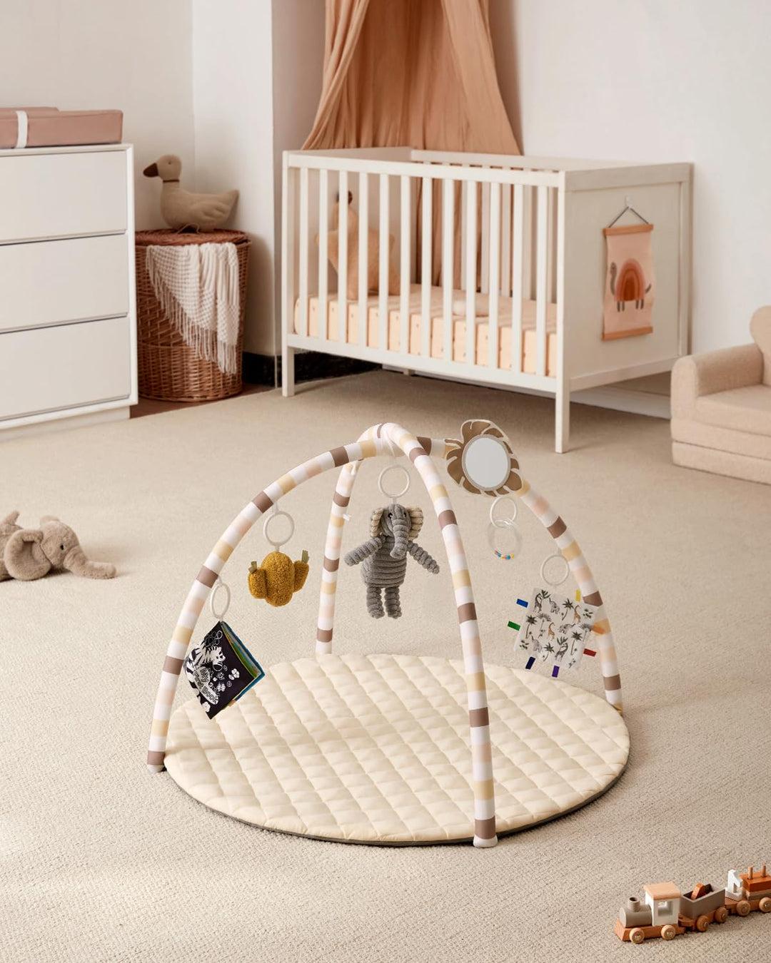 Blissful Diary Spielbogen Baby, Spieldecke Baby Gym Activity Decke mit 6 Abnehmbare Spielzeuge, krab