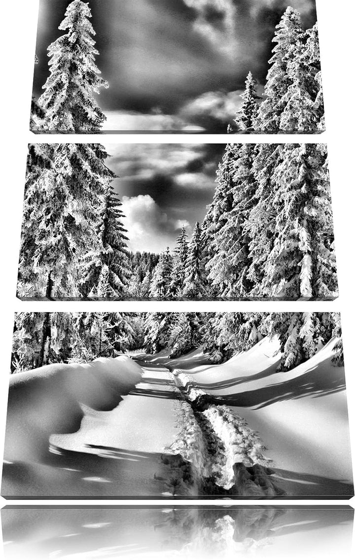 Pixxprint Monocrome, Winterlandschaft Bäume 3-Teiler Leinwandbild 120x80 Bild auf Leinwand