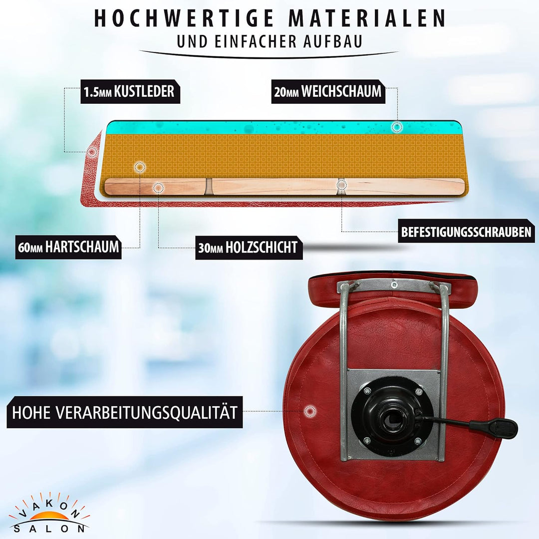 VAKON SALON - Premium Rollhocker in Rot mit Lehne und Fussring - Höhenverstellbar 55-75 cm - Rundsit