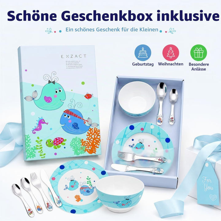 Exzact Besteck Geschenkset 6 Stücken aus Edelstahl/Kindergeschirr - 1 x Schale, 1 x Teller, 1 x Tafe