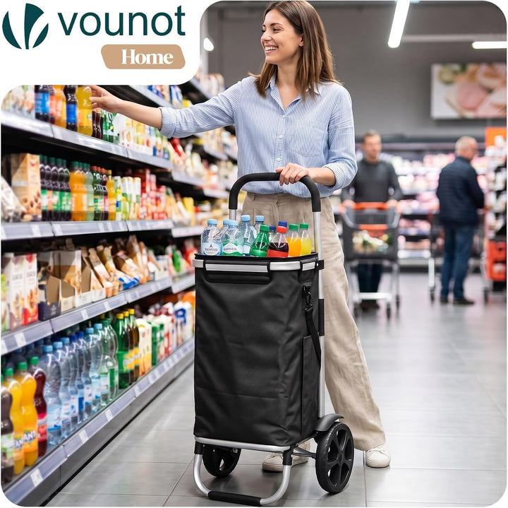 VOUNOT® Einkaufstrolley Klappbar aus Aluminium mit 58L Wasserdichter Tasche und Kühlfach, 2 Extra gr