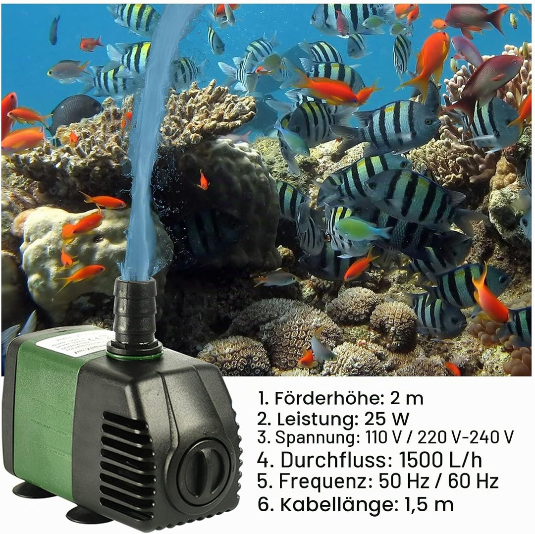 Wasserpumpe 25W 1500L/H, Wasserdicht, AolKee Klein Wasserpumpe Tauchpumpe 2 Düse für Teich Brunnen A
