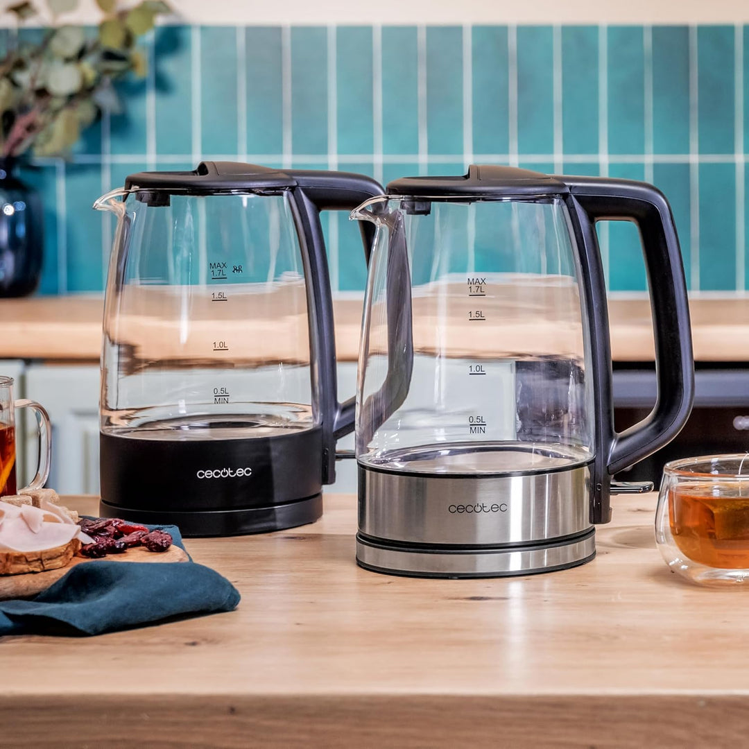Cecotec Elektrischer Wasserkocher 1,7 L ThermoSense 340 Clear. 2200W, Borosilikatglas-Gehäuse, Leuch