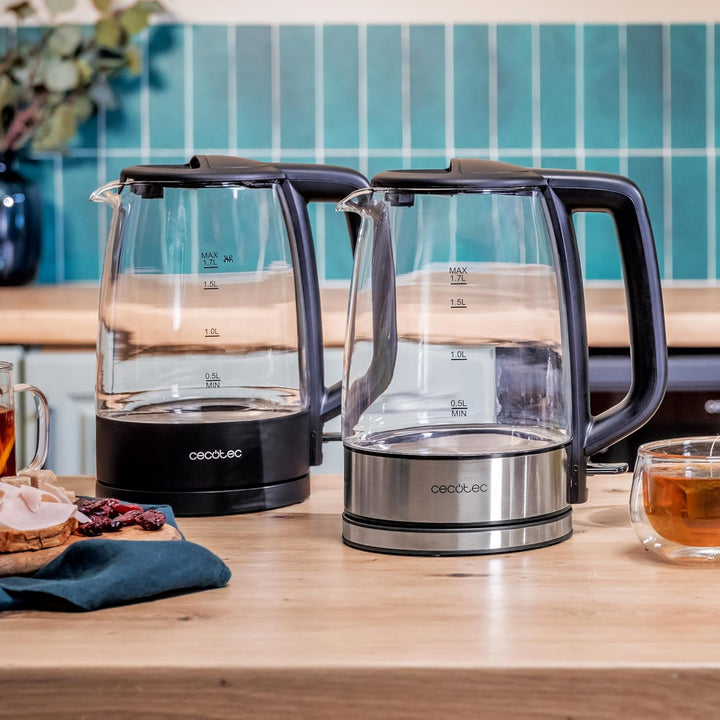 Cecotec Elektrischer Wasserkocher 1,7 L ThermoSense 340 Clear. 2200W, Borosilikatglas-Gehäuse, Leuch