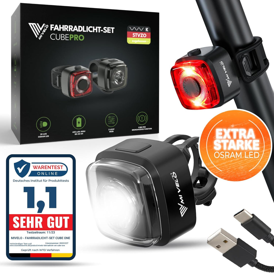 MIVELO Cube Fahrradlicht Set StVZO zugelassen Fahrradbeleuchtung - USB-aufladbar & 100% wasserdicht