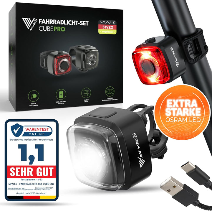 MIVELO Cube Fahrradlicht Set StVZO zugelassen Fahrradbeleuchtung - USB-aufladbar & 100% wasserdicht
