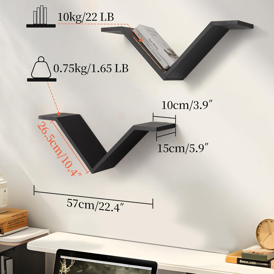 Mazjoaru Bücherregal Wandregal Holz 2er Set Wildgans-förmiges Design Schweberegale Modern V-Form Wan