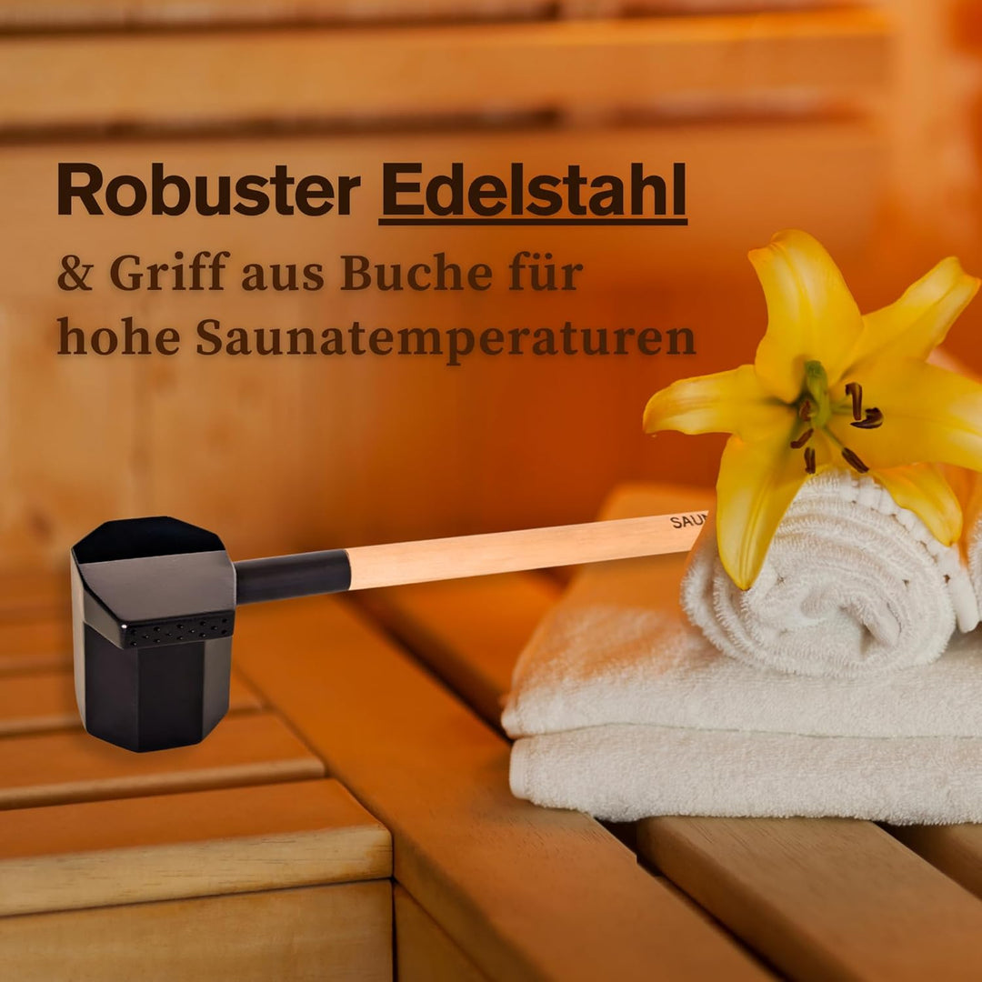 Saunakelle aus Edelstahl und Holz mit Regen-Funktion - 330ml - Perfekt für den Sauna Aufguss | Erzeu