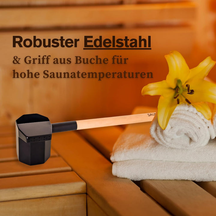 Saunakelle aus Edelstahl und Holz mit Regen-Funktion - 330ml - Perfekt für den Sauna Aufguss | Erzeu
