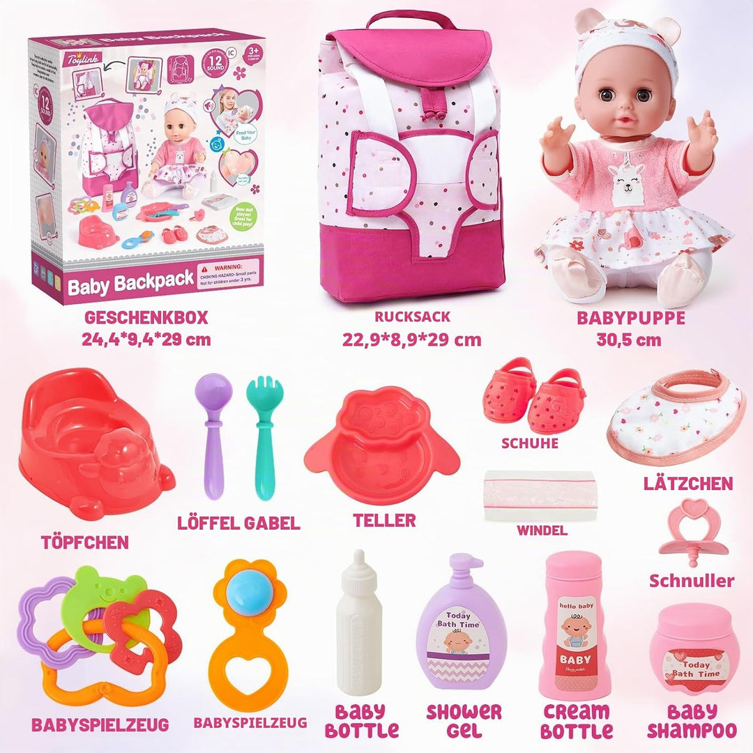 G.C Puppenzubehör Spielzeug Geschenk Mädchen, 36 cm Babypuppe &amp; Rucksack &amp; Puppenkleidung &amp; Töpfchen