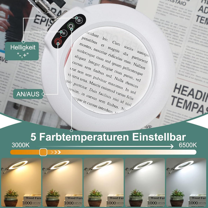 Veemagni 10X Lupe mit Licht, 5 Farbmodi Stufenlos Dimmbar, Verstellbarer Schwenkarm LED Beleuchtete
