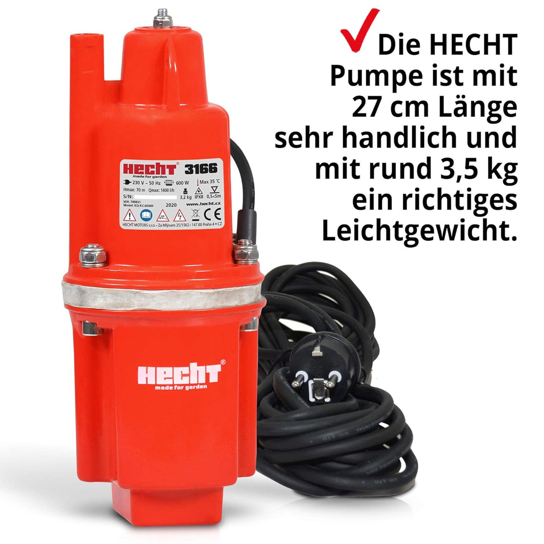 HECHT Tiefbrunnenpumpe – 600 Watt / 230v -240 v – 70 m Förderhöhe – 1400 l/h Fördermenge Wasser – Me