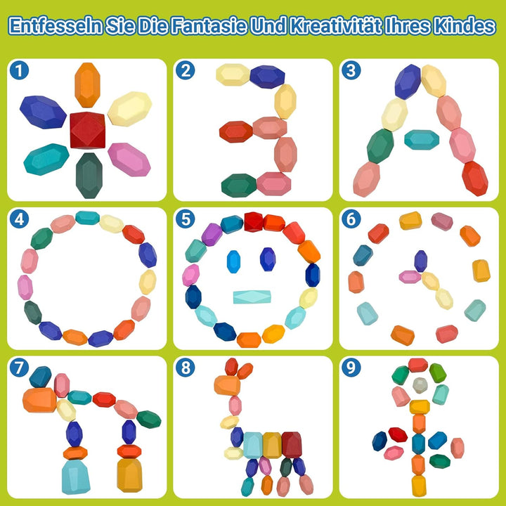 RunHero 58 Stück Stapelsteine Balanciersteine Montessori Holz Bauklötze Spielzeug für Kinder Stapelt