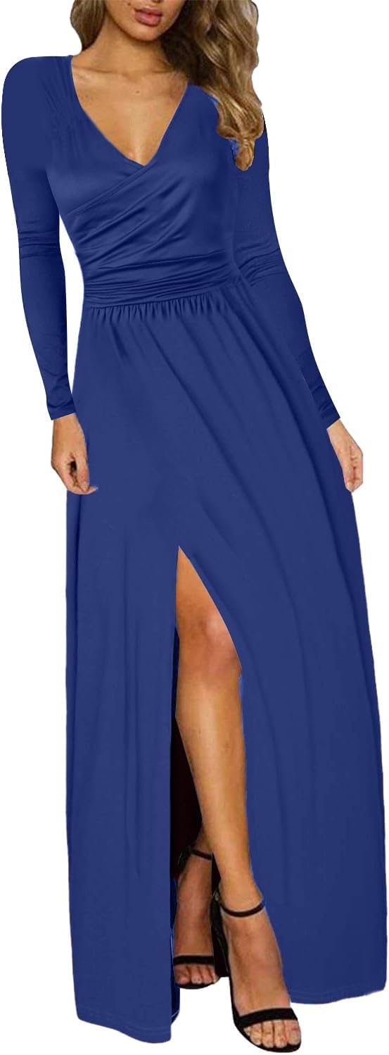 JENJON Damen Kleid 2.0 Elegant Langarm V-Ausschnit Tunika Maxikleider Casual Hohe Taille Saumschlitz